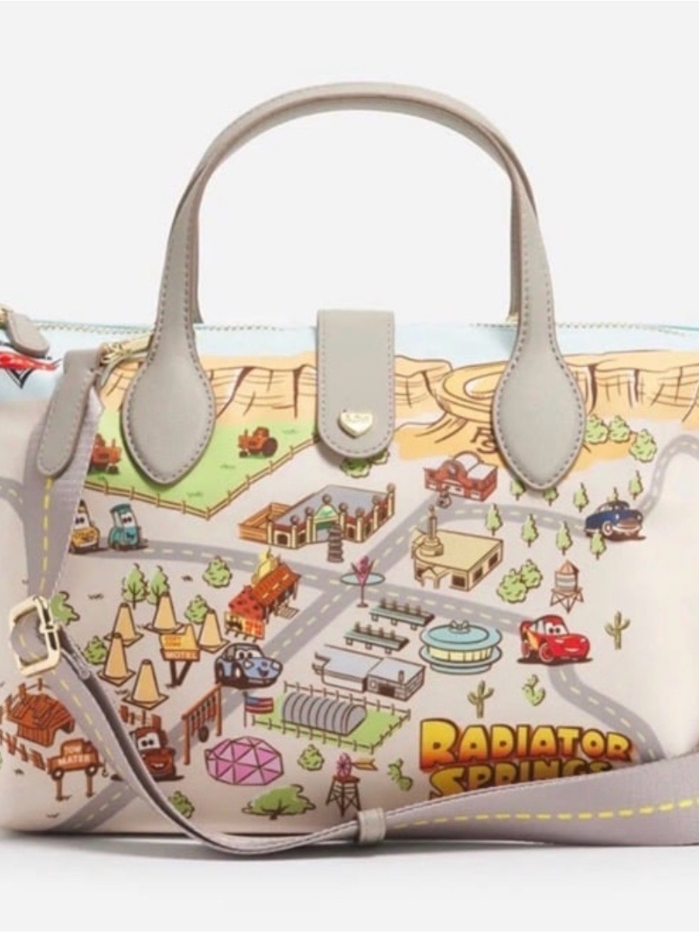 Stoney Clover Lane Radiator Springs Print Light Gray Crossbody Satchel